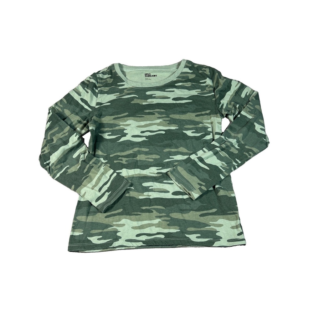 Epic Threads Girls Green Camo Print Long Sleeve T-Shirt Size L Basic Crew Neck